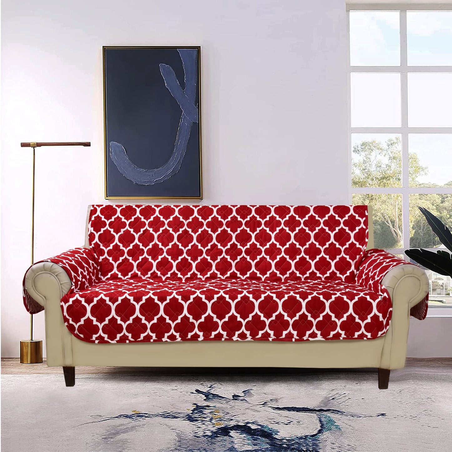 Sofa Cover-Maroon Geometric With Pockets Sofa Cover Apricot