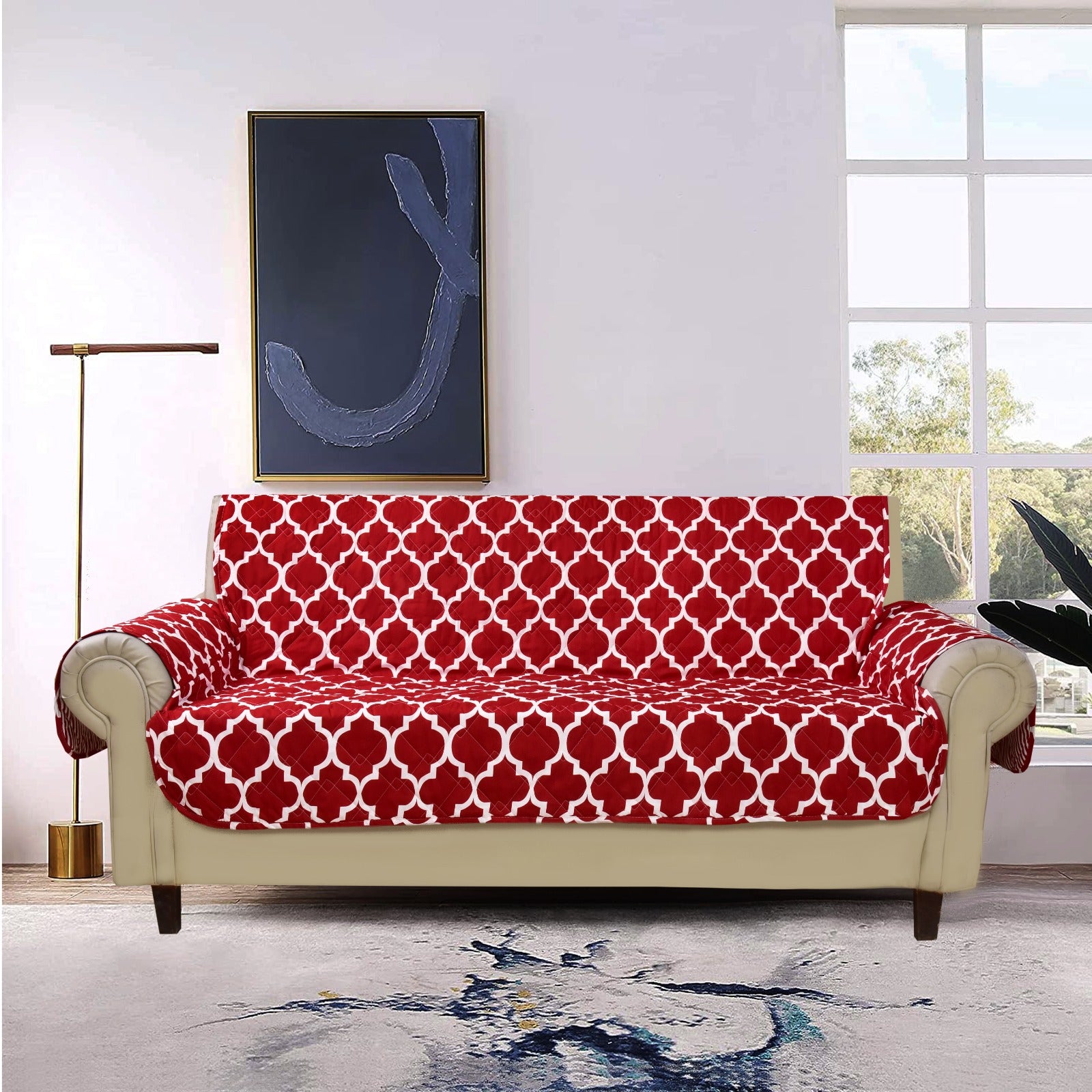 Sofa Cover-Maroon Geometric With Pockets Sofa Cover Apricot