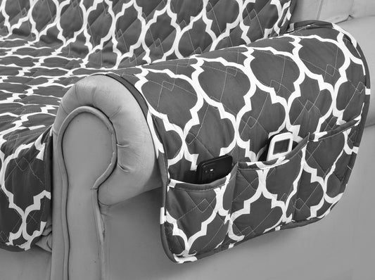 Sofa Cover-Grey Geometric With Pockets Sofa Cover Apricot