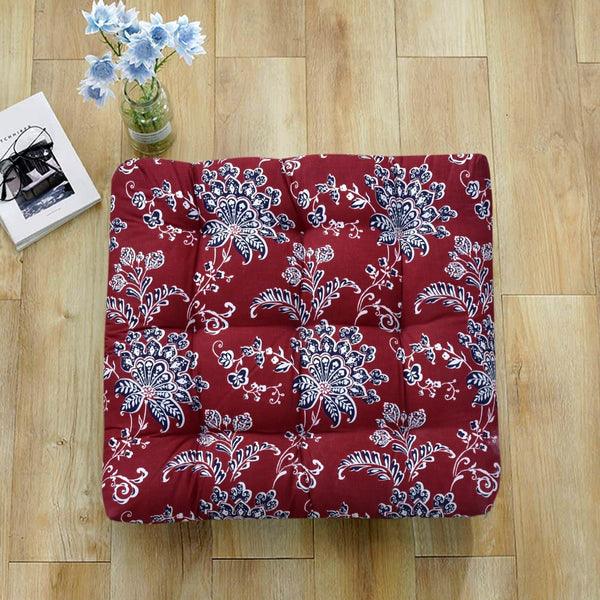 Digital Printed Square Floor Cushions- Maroon Floral
