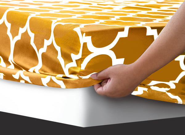 Fitted Bed Sheet-Mustard Geometric