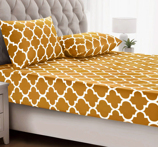 Fitted Bed Sheet-Mustard Geometric Fitted Sheets Apricot