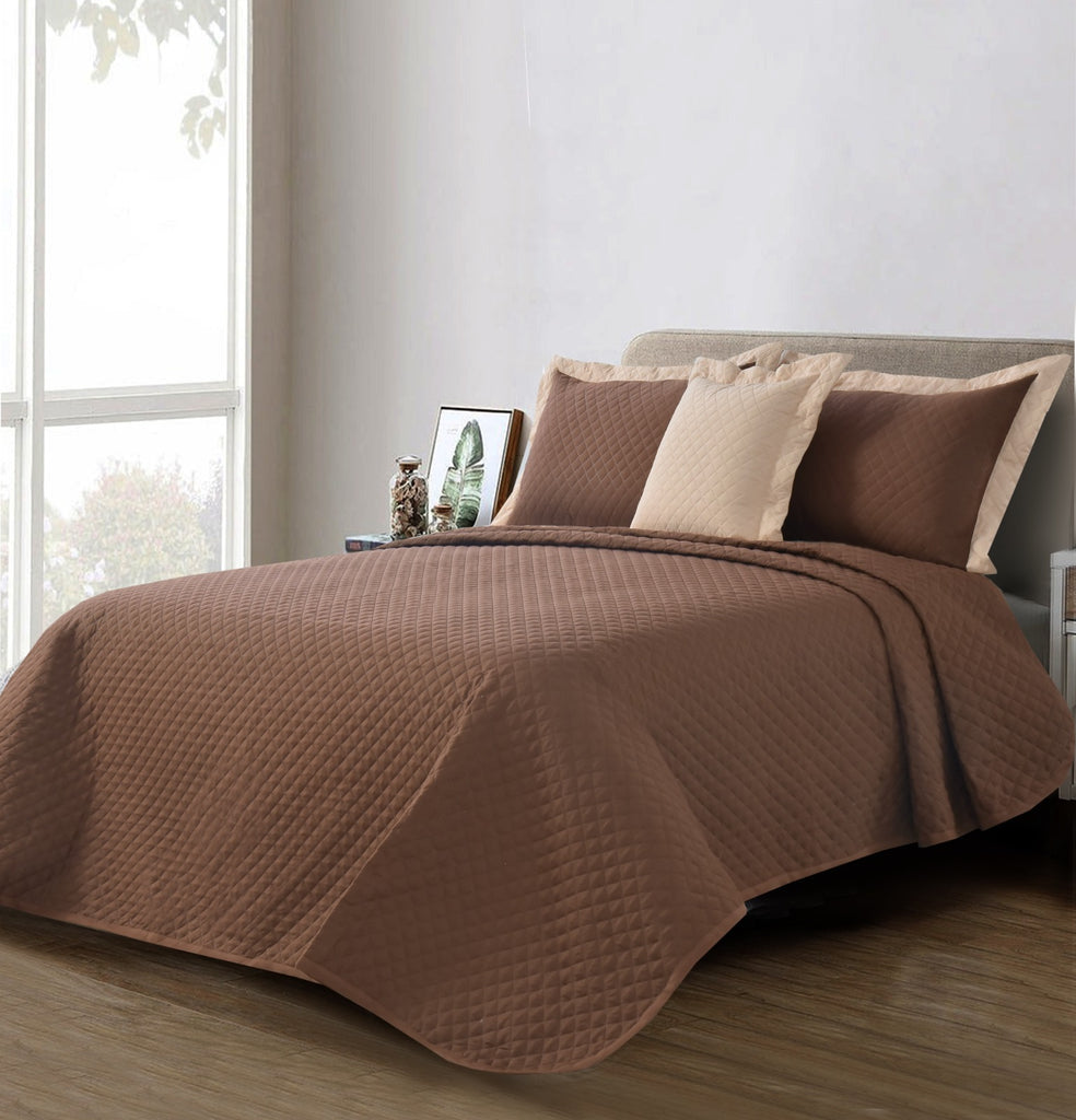 4 PCs Ultrasonic Quilted Luxury Bed Spread Set-Brown