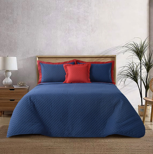 4 PCs Bed Spread Set- Blue Over Maroon Bed Spread Apricot