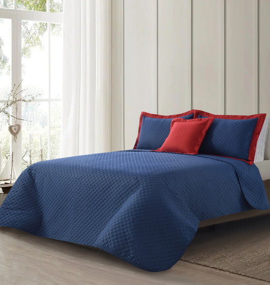 4 PCs Bed Spread Set- Blue Over Maroon Bed Spread Apricot