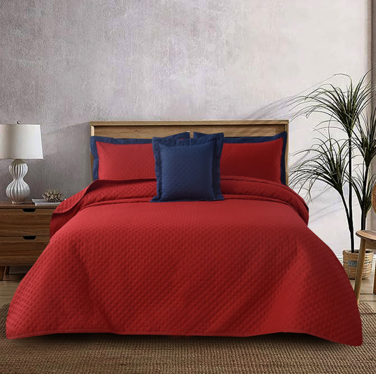 4 PCs Bed Spread Set- Maroon Over Blue Bed Spread Apricot