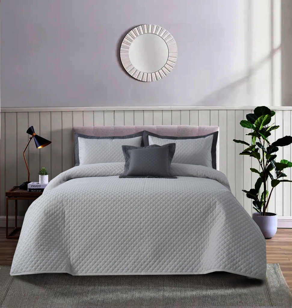 4 PCs Ultrasonic Quilted Luxury Bed Spread Set-Silver Over Grey