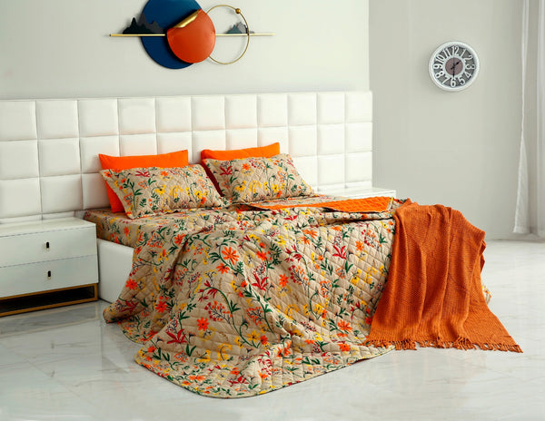 6 PCs Printed Bed Spread Set-Orange Lilly