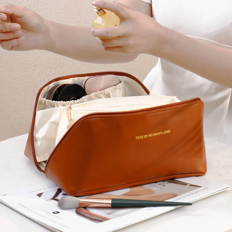 Portable PU Makeup Powder Waterproof Multifunctional Bag-Brown(SA2403-21) Cosmetic Organizer Apricot