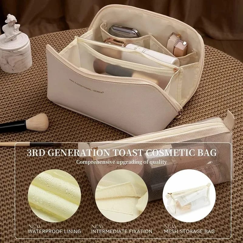 Portable PU Makeup Powder Waterproof Multifunctional Bag-14265Cream(SA2403-21) Cosmetic Organizer Apricot