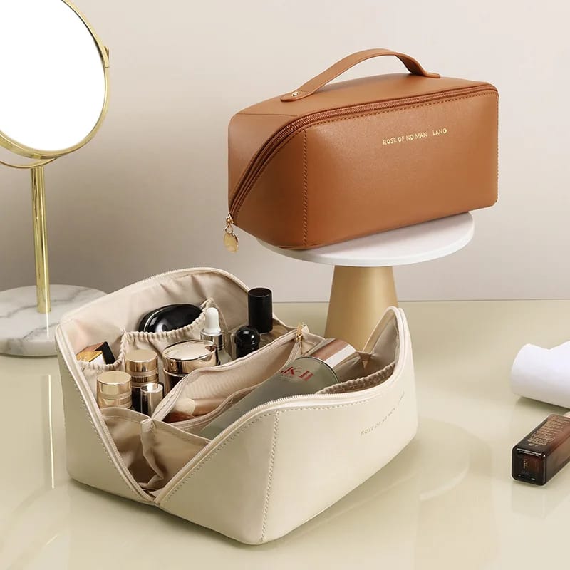 Portable PU Makeup Powder Waterproof Multifunctional Bag-Brown(SA2403-21) Cosmetic Organizer Apricot