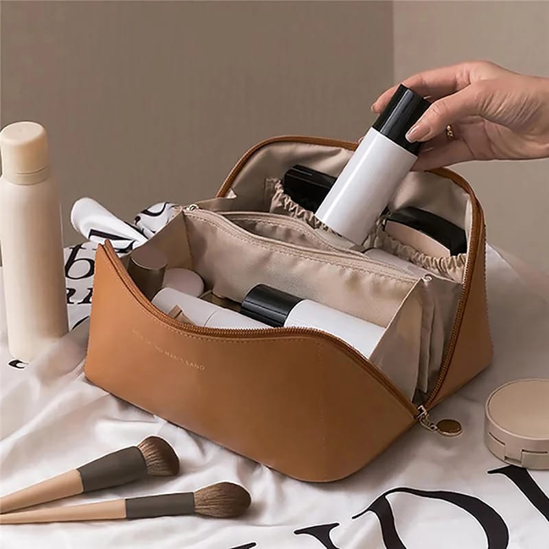 Portable PU Makeup Powder Waterproof Multifunctional Bag-Brown(SA2403-21) Cosmetic Organizer Apricot