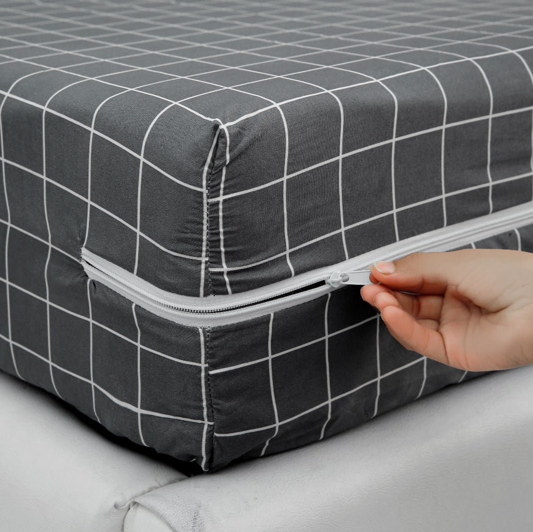 Zipper Mattress Cover Printed-Grey Check Protectors Apricot