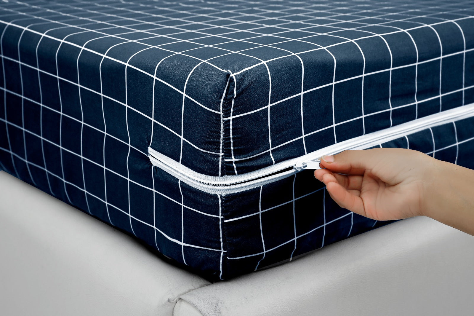 Zipper Mattress Cover Printed-Blue Check Protectors Apricot