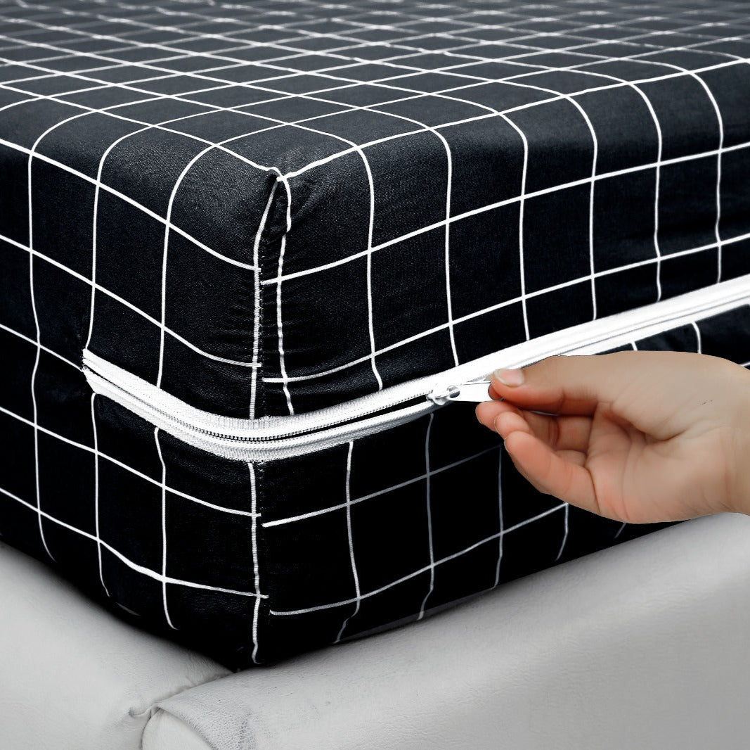 Zipper Mattress Cover Printed-Black Check Protectors Apricot
