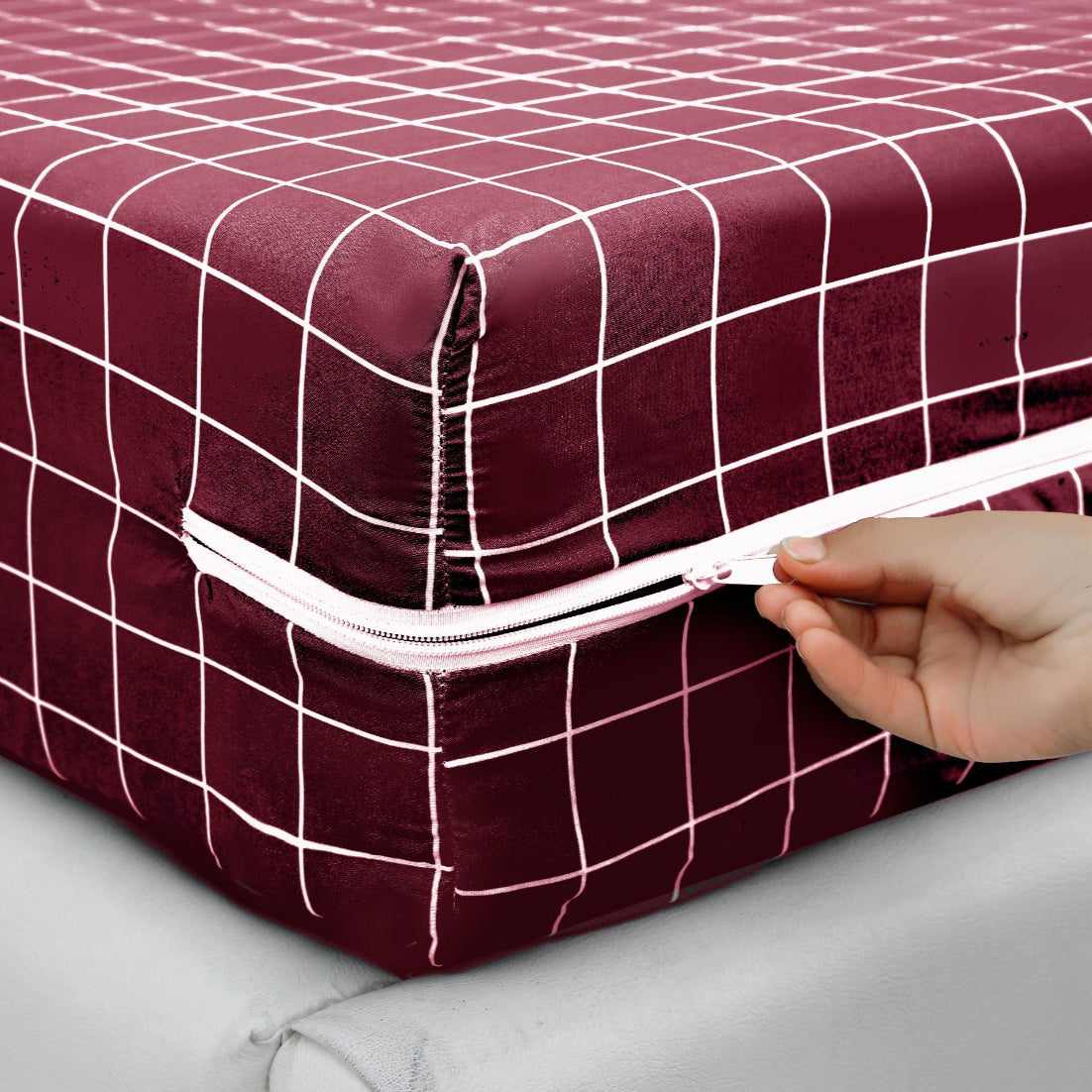 Zipper Mattress Cover Printed-Red Check Protectors Apricot