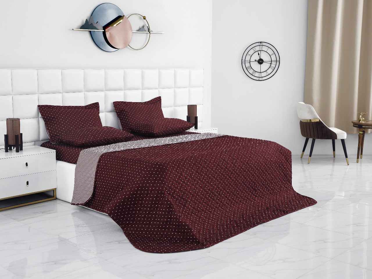 6 PCs Bed Spread Set-Plum Polka Bed Spread Apricot