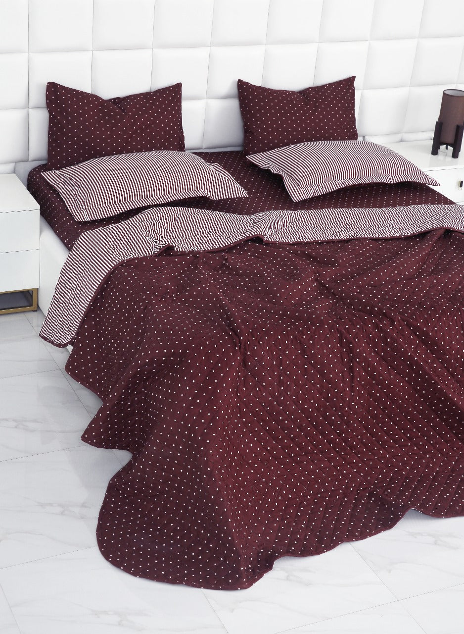 6 PCs Bed Spread Set-Plum Polka Bed Spread Apricot