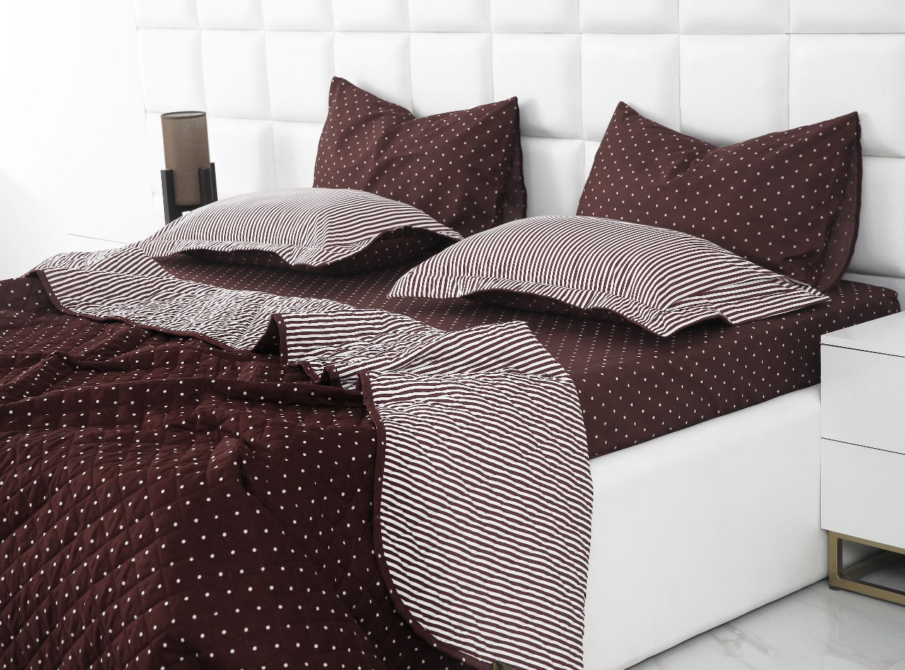 6 PCs Bed Spread Set-Plum Polka Bed Spread Apricot