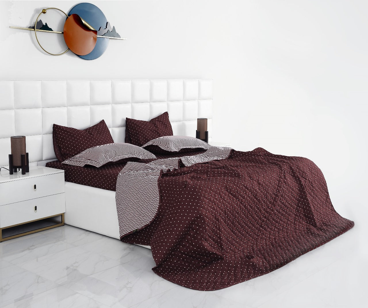 6 PCs Bed Spread Set-Plum Polka Bed Spread Apricot