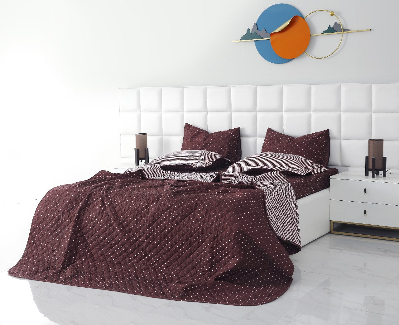 6 PCs Bed Spread Set-Plum Polka Bed Spread Apricot