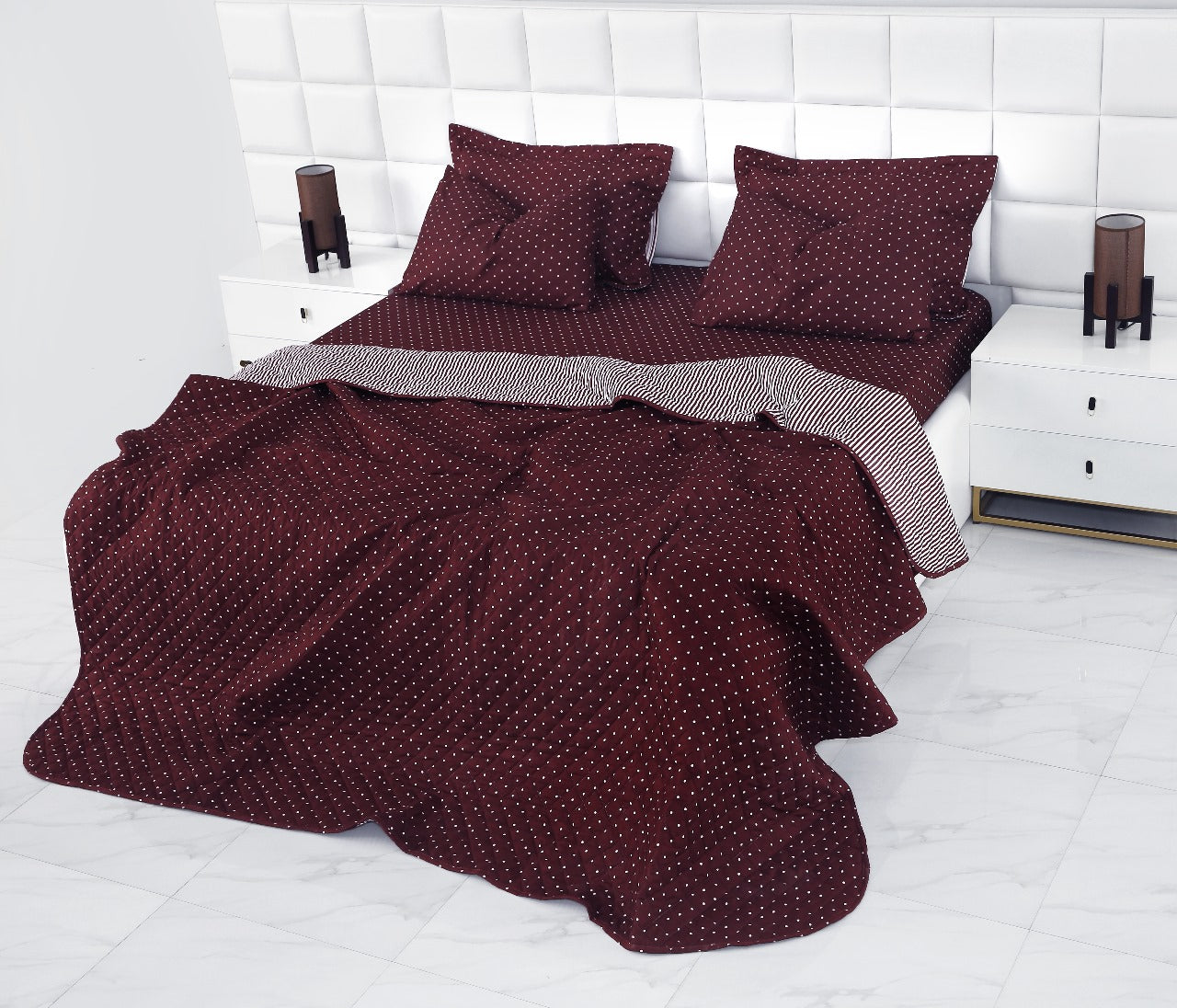 6 PCs Bed Spread Set-Plum Polka Bed Spread Apricot