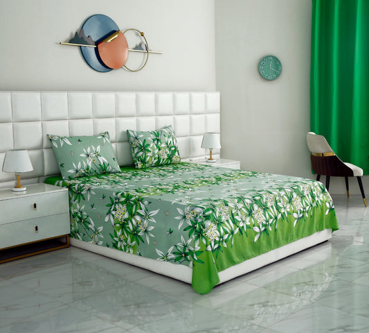 3 PCs Double Bed Sheet -Green Gold Bed Sheets Apricot   