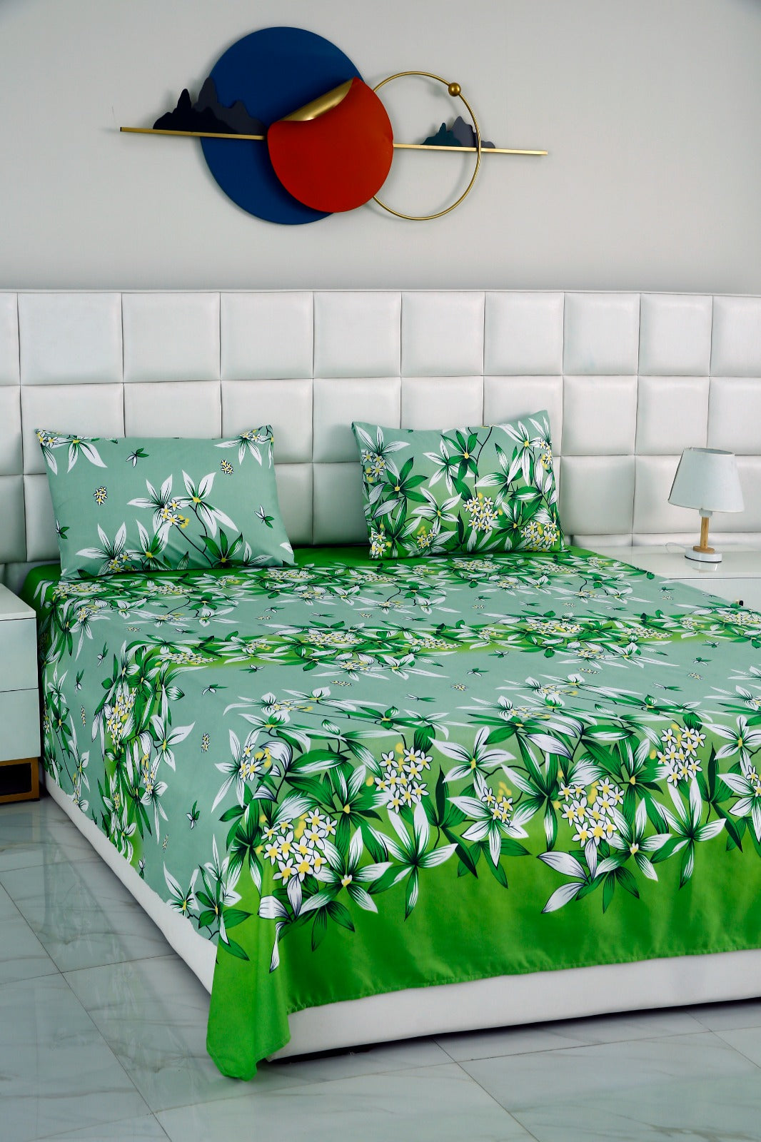 3 PCs Double Bed Sheet -Green Gold Bed Sheets Apricot   