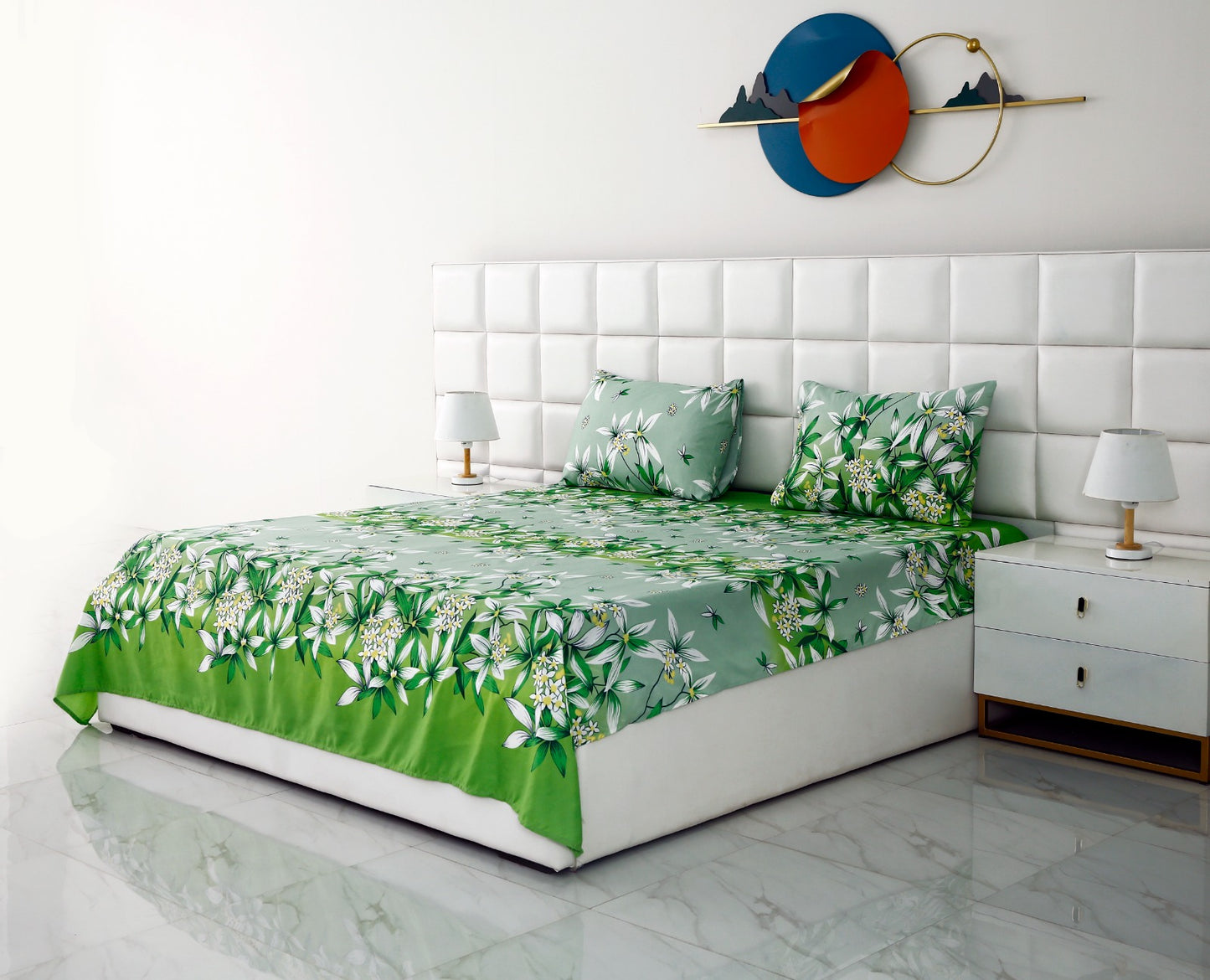 3 PCs Double Bed Sheet -Green Gold Bed Sheets Apricot   