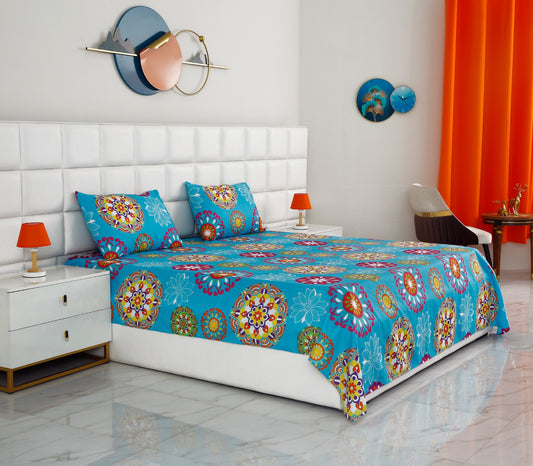 3 PCs Double Bed Sheet -Turquoise  Flower Bed Sheets Apricot   