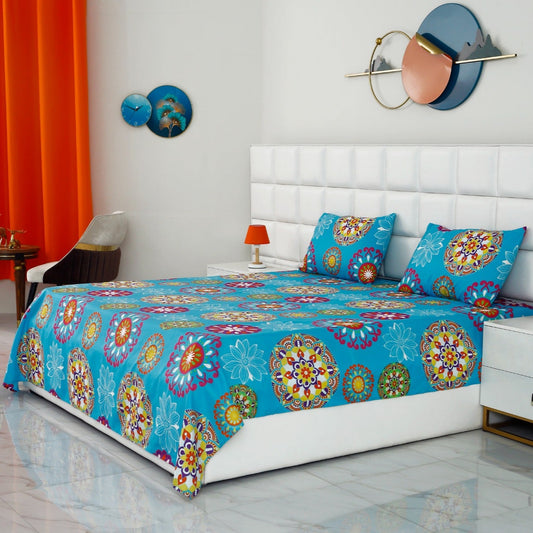 3 PCs Double Bed Sheet -Turquoise  Flower Bed Sheets Apricot   