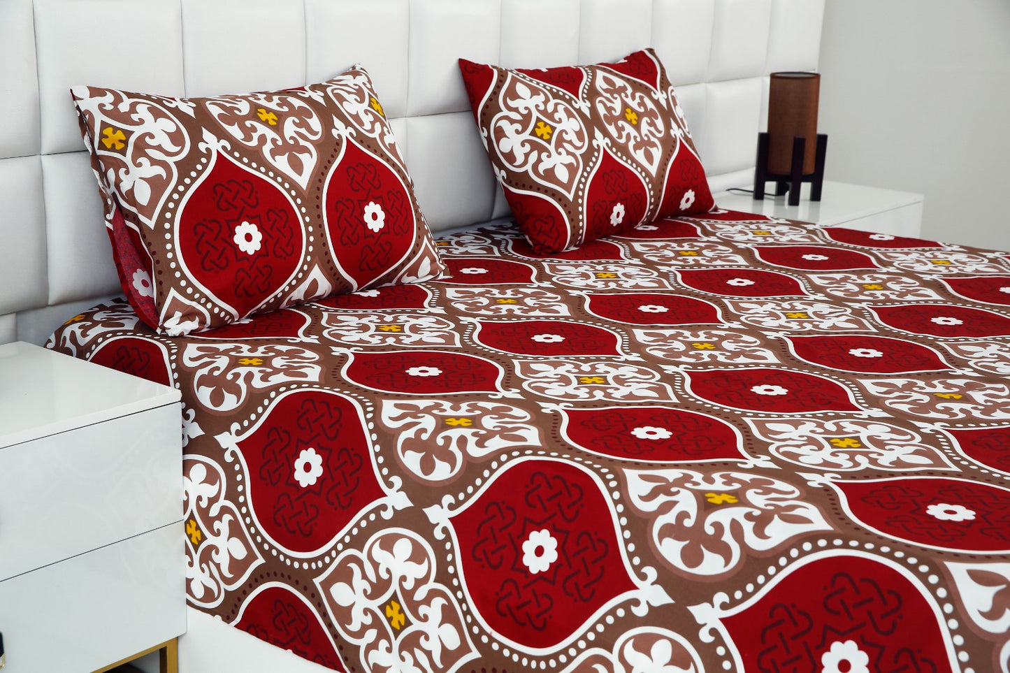 3 PCs Double Bed Sheet -Brown Crowns Bed Sheets Apricot   