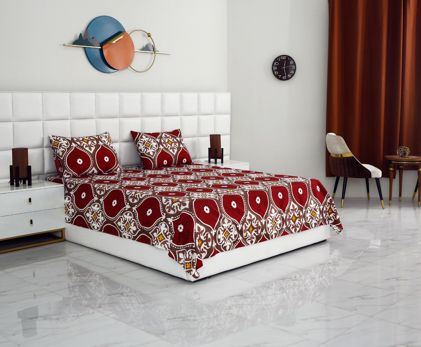 3 PCs Double Bed Sheet -Brown Crowns Bed Sheets Apricot   