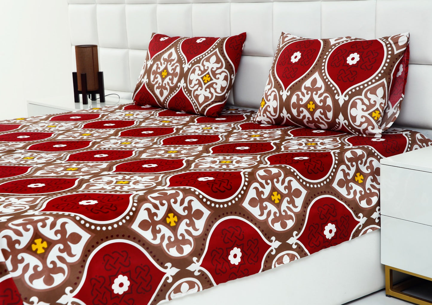 3 PCs Double Bed Sheet -Brown Crowns Bed Sheets Apricot   