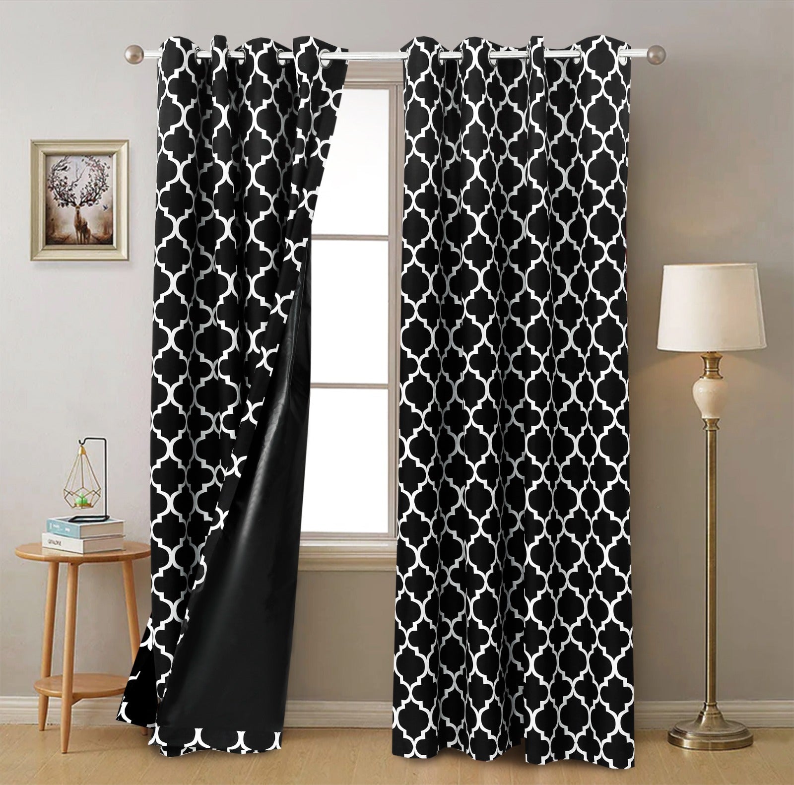 2 PCs Blackout Room Curtains-Black Geometric Curtains Apricot   