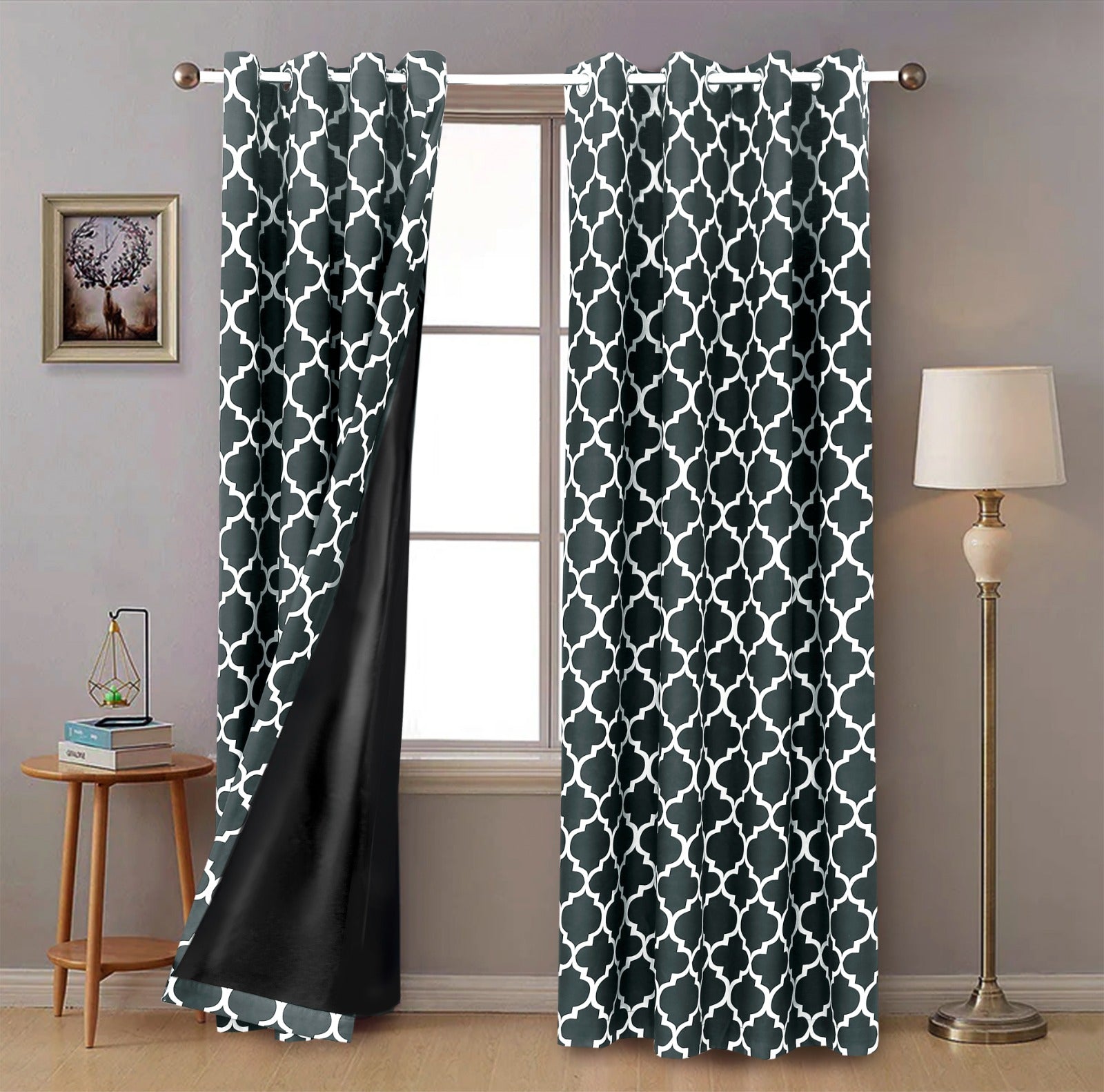 2 PCs Blackout Room Curtains-Grey Geometric Curtains Apricot   