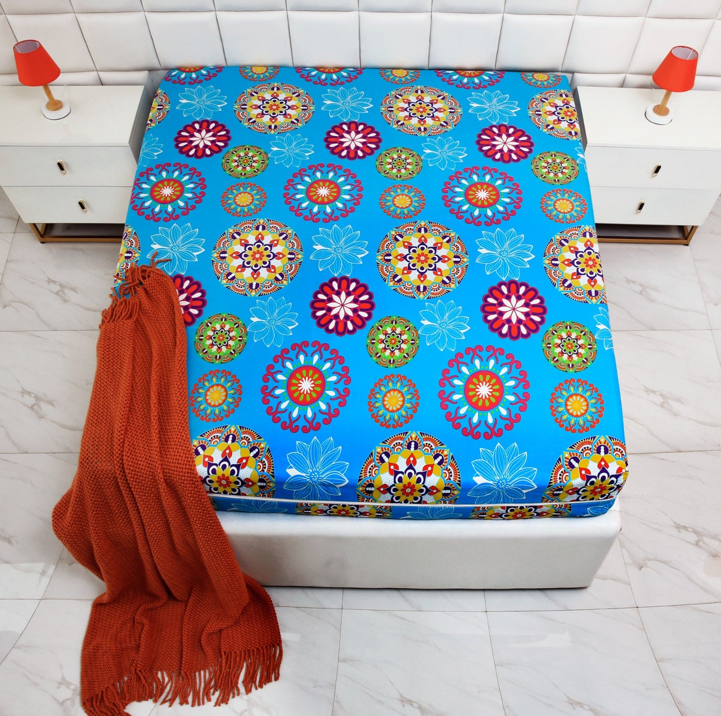 Zipper Mattress Cover Printed-Turquoise Flower Protectors Apricot   