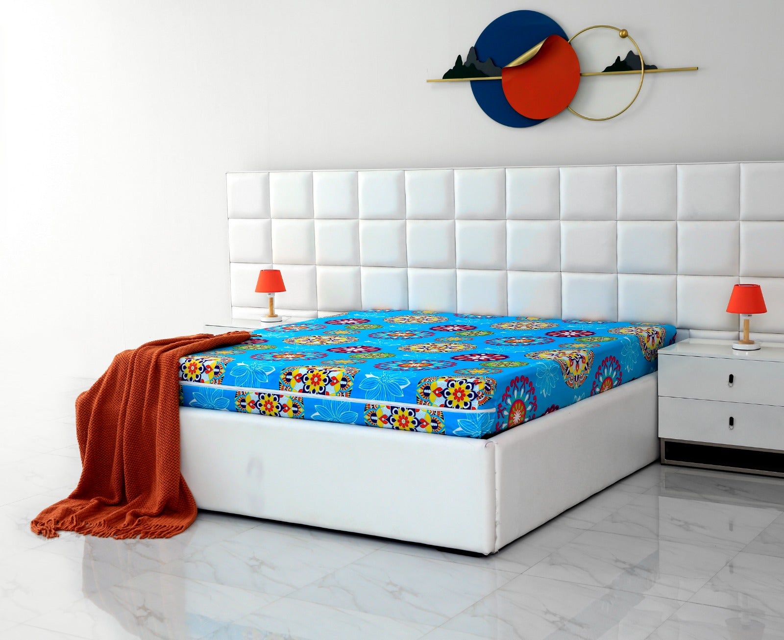 Zipper Mattress Cover Printed-Turqoiuse Flower Protectors Apricot
