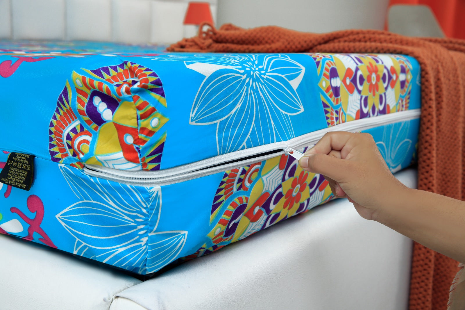 Zipper Mattress Cover Printed-Turquoise Flower Protectors Apricot   