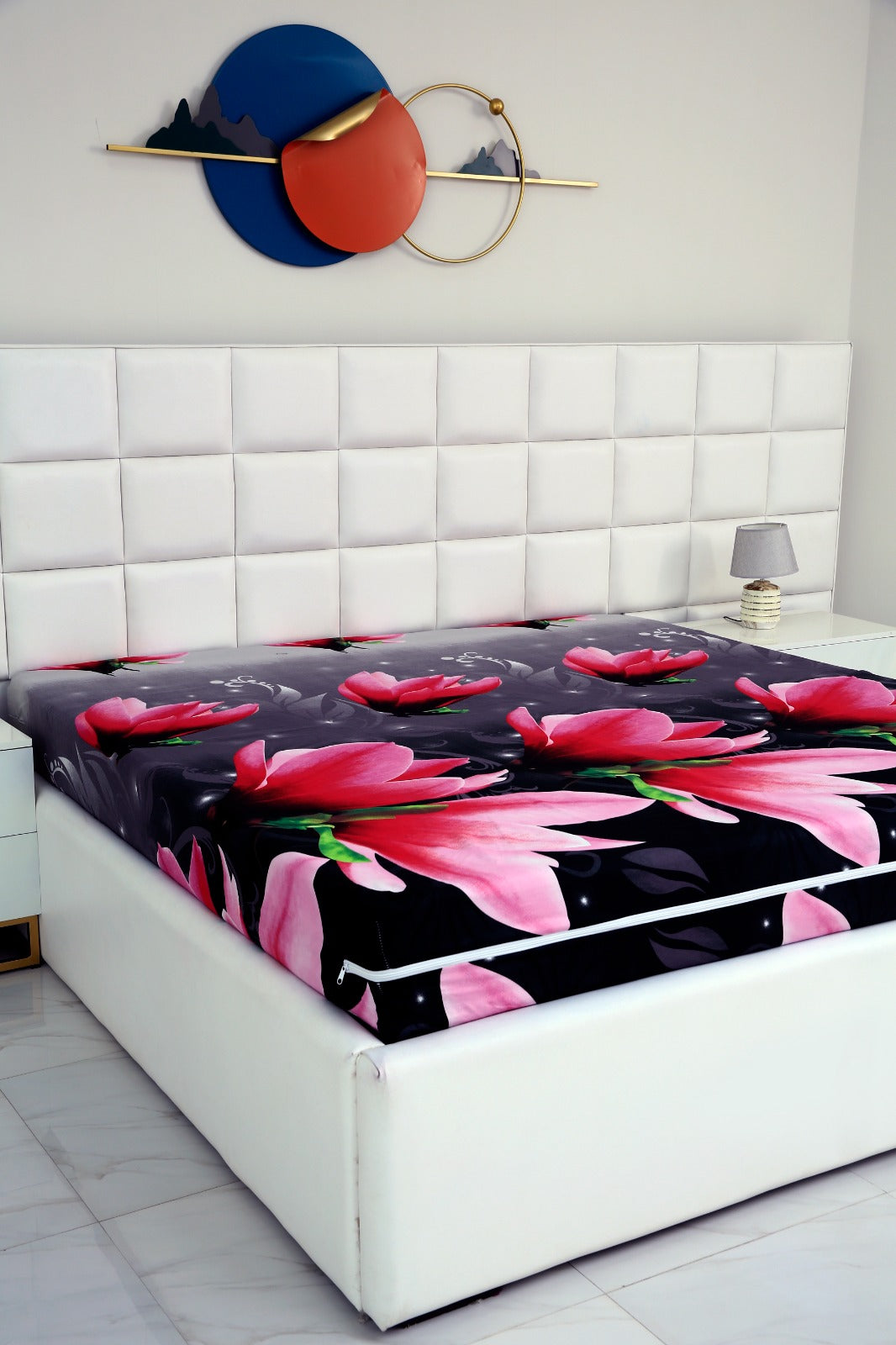 Zipper Mattress Cover Printed-Pink Lotus Protectors Apricot   