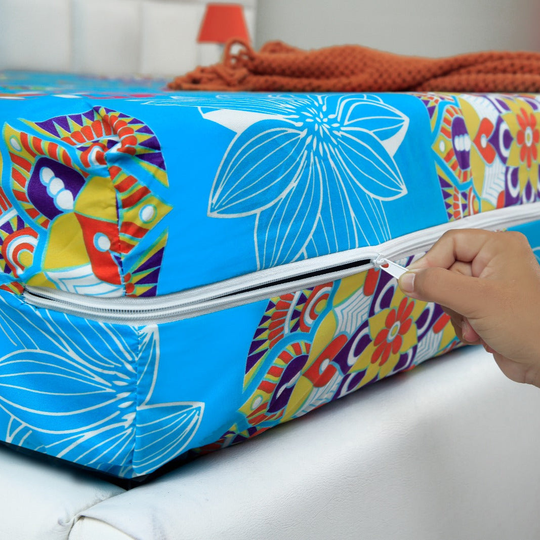 Zipper Mattress Cover Printed-Turqoiuse Flower Protectors Apricot