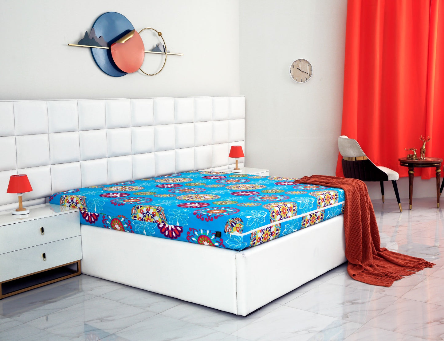Zipper Mattress Cover Printed-Turqoiuse Flower Protectors Apricot