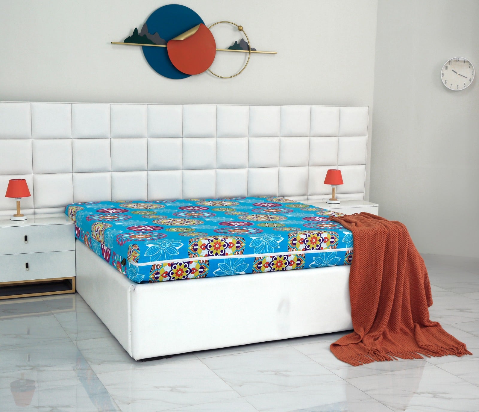 Zipper Mattress Cover Printed-Turqoiuse Flower Protectors Apricot
