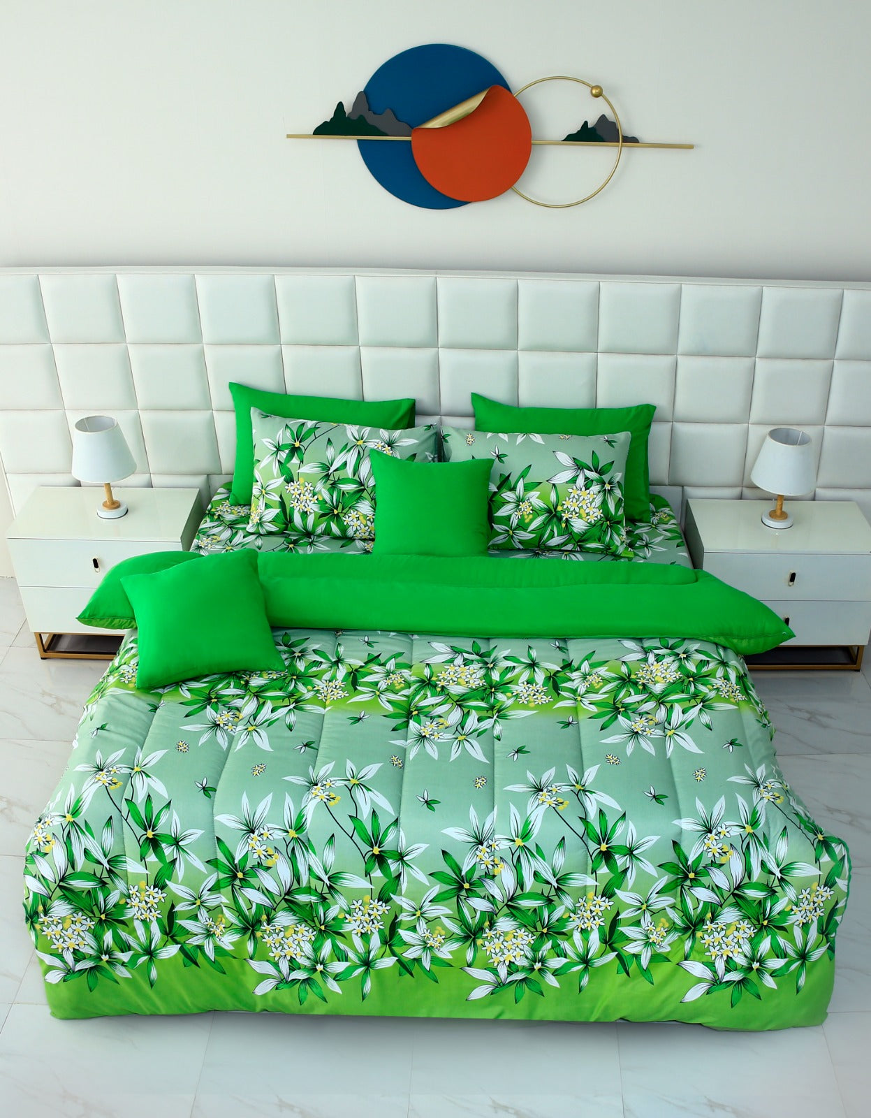 8 PCs Winter Comforter Set-15011-Green Gold Comforters Apricot   