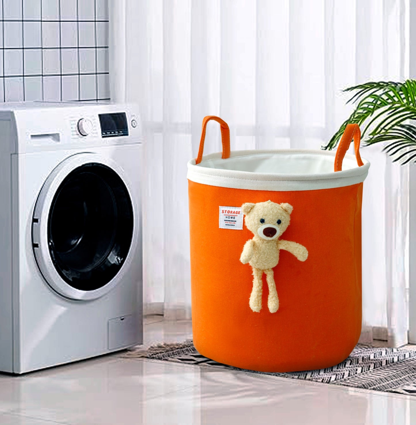 Kids Collapsible Laundry Basket-Orange Teddy  Apricot   