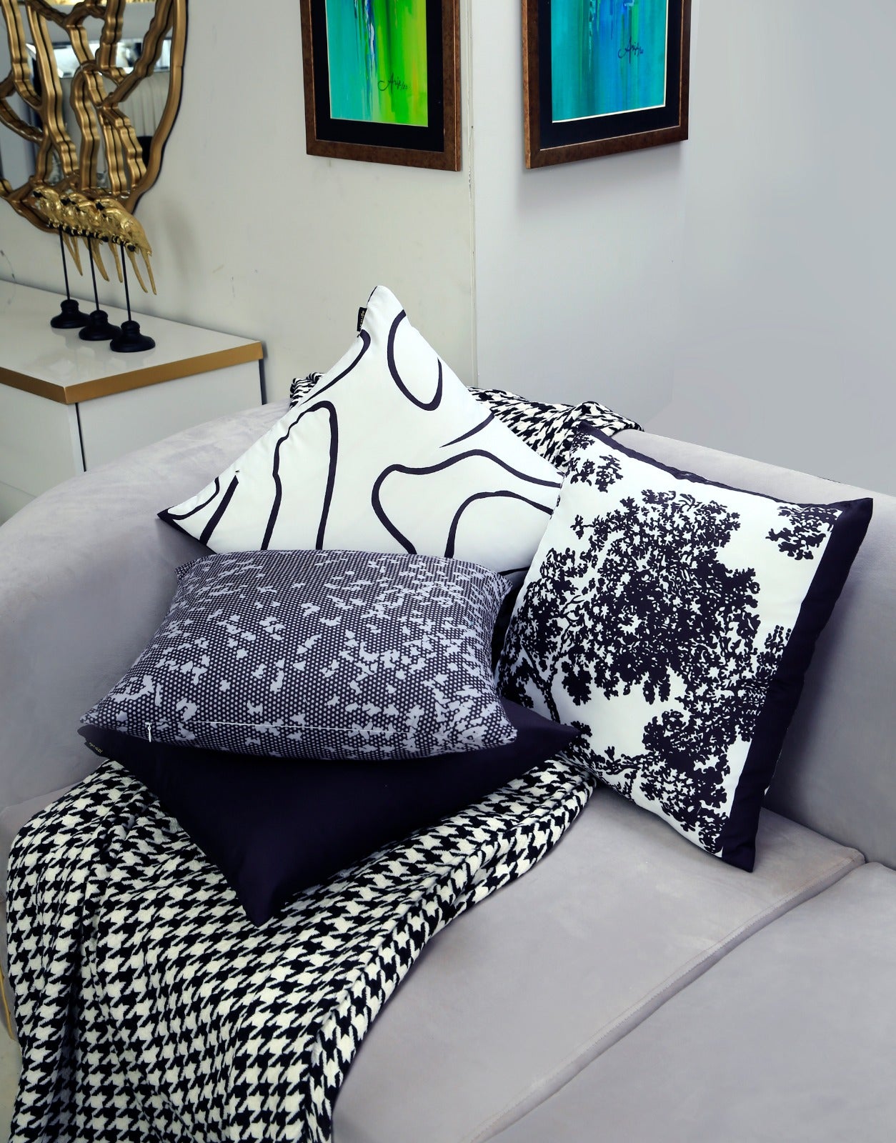 4 PCs Digital Printed Cotton Cushions-Black Art cushions Apricot   