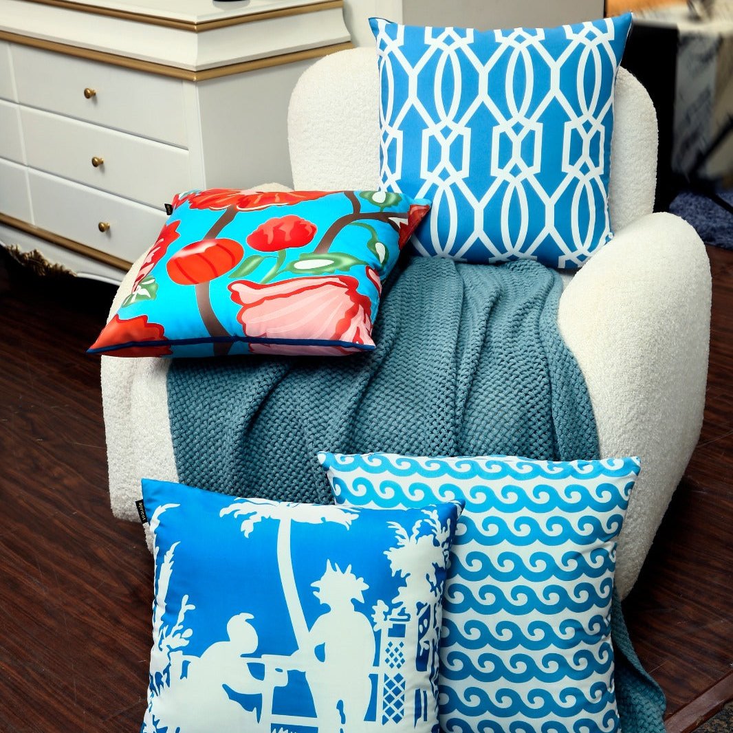 4 PCs Digital Printed Cotton Cushions-BLUE ART cushions Apricot   