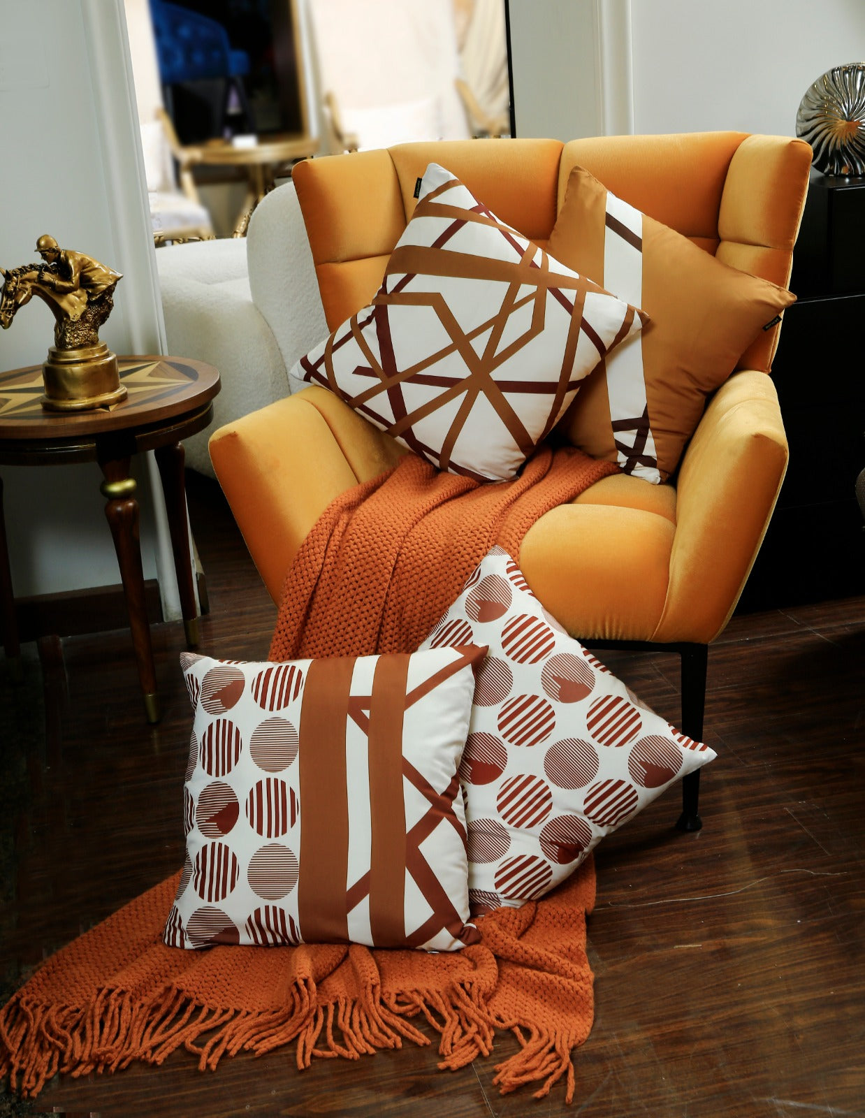 4 PCs Digital Printed Cotton Cushions-Brown Geometric cushions Apricot   