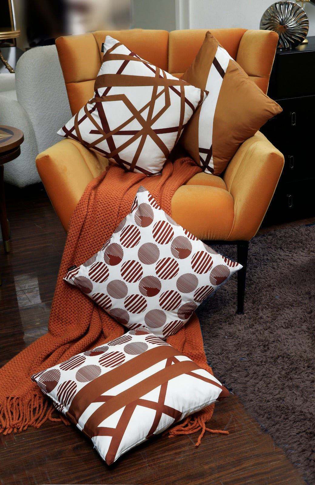 4 PCs Digital Printed Cotton Cushions-Brown Geometric cushions Apricot   