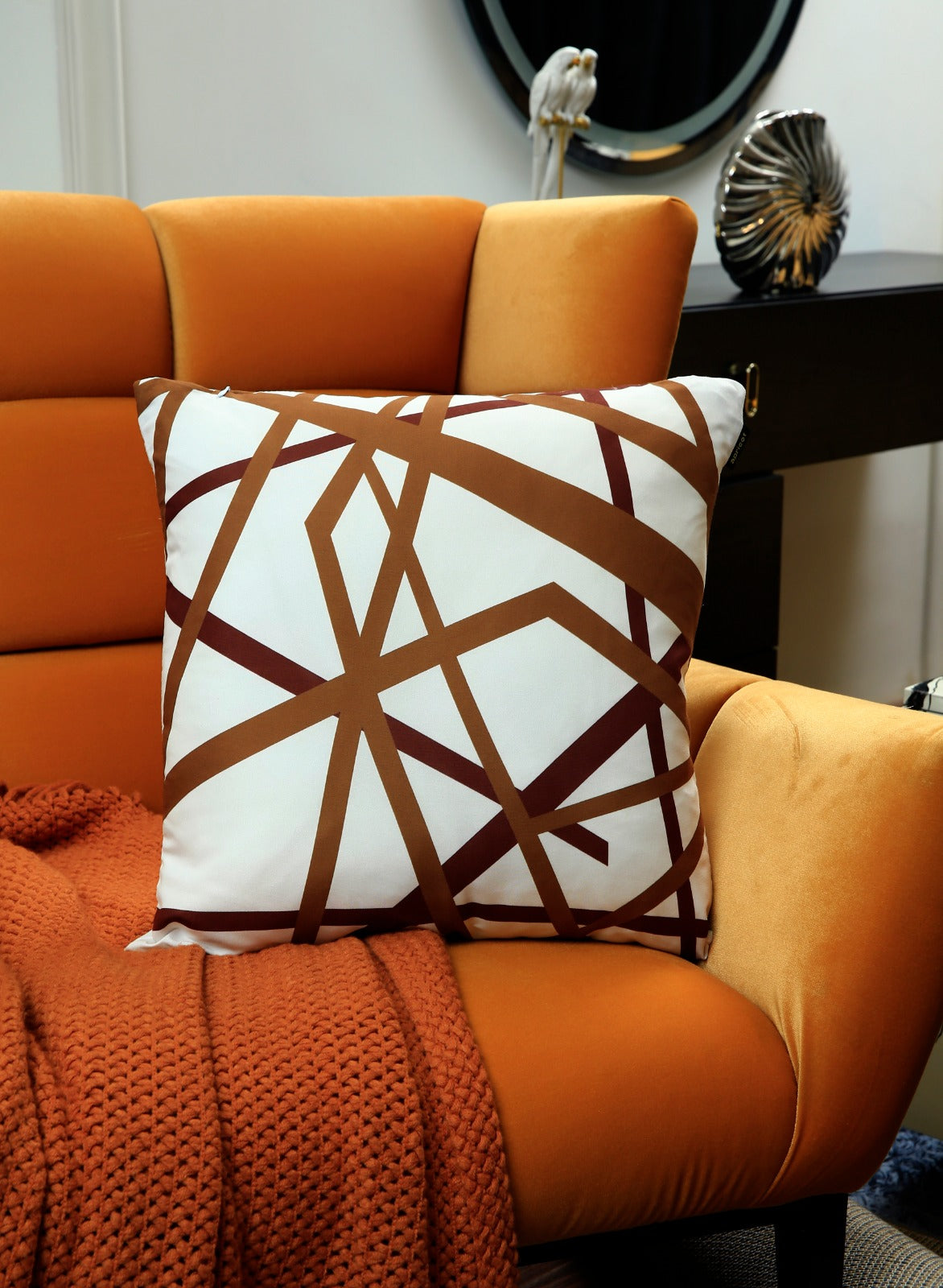 4 PCs Digital Printed Cotton Cushions-Brown Geometric cushions Apricot   